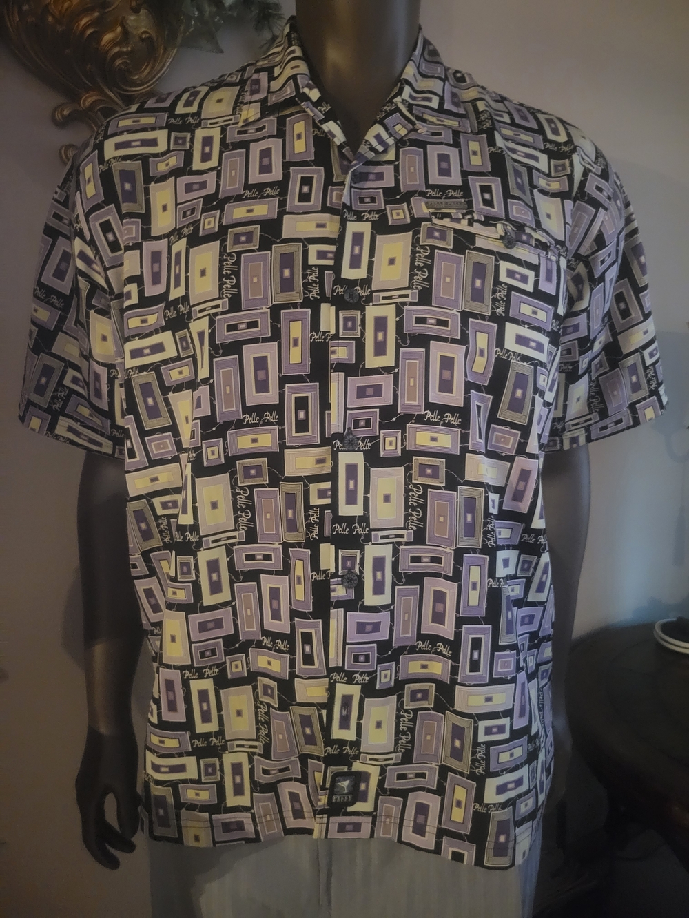PELLE PELLE  Men’s Short Sleeve Geometric Print Shirt — Purple & Yellow